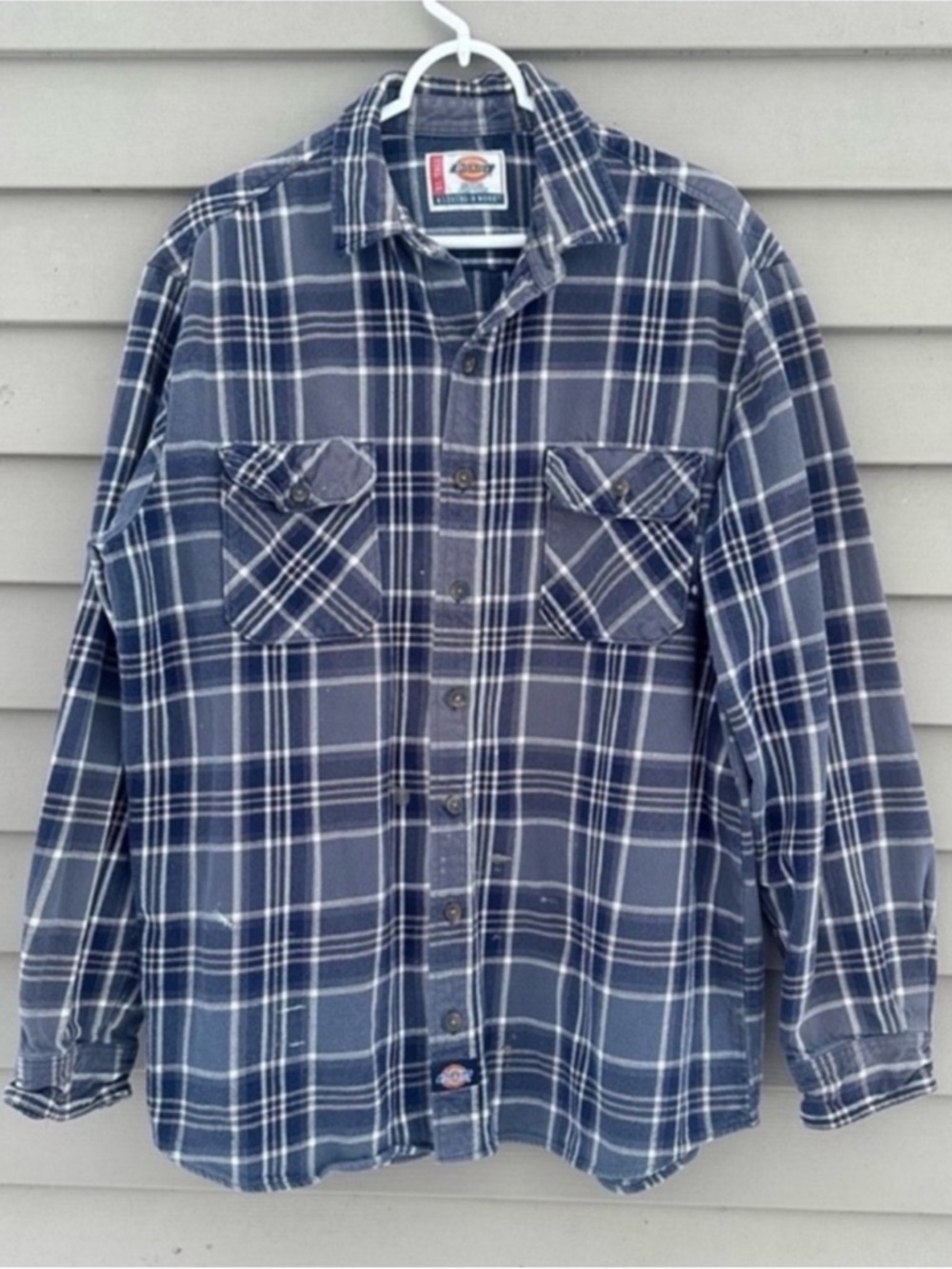 Dickies flannel distressed blue plaid shirt w/ elbow patches Sz XL tall